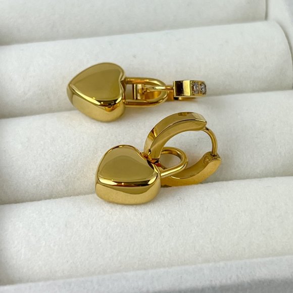 Gold Plated Huggie Hoop Heart Earrings Heart Pendant Earrings - Picture 9 of 11